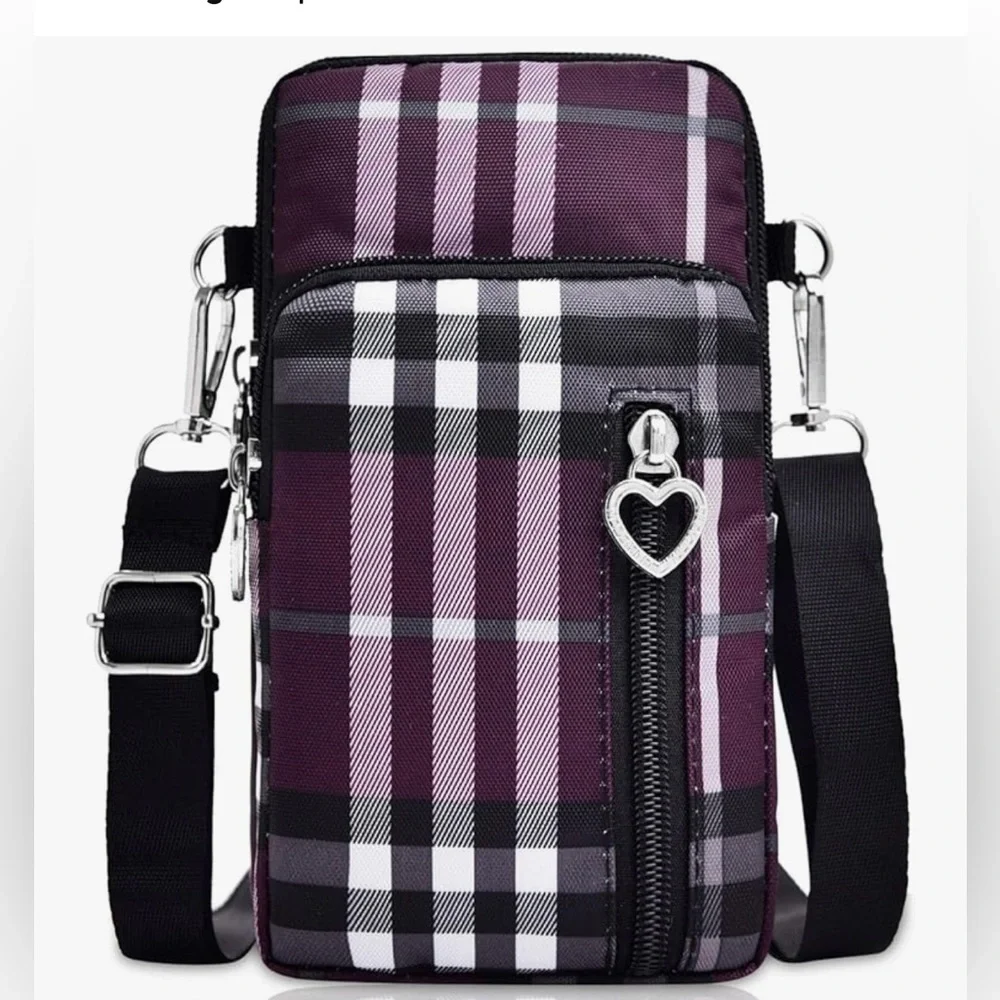 NEW Lightweight Small Nylon Crossbody Cell Phone Travel Pouch in Purple Stripes
